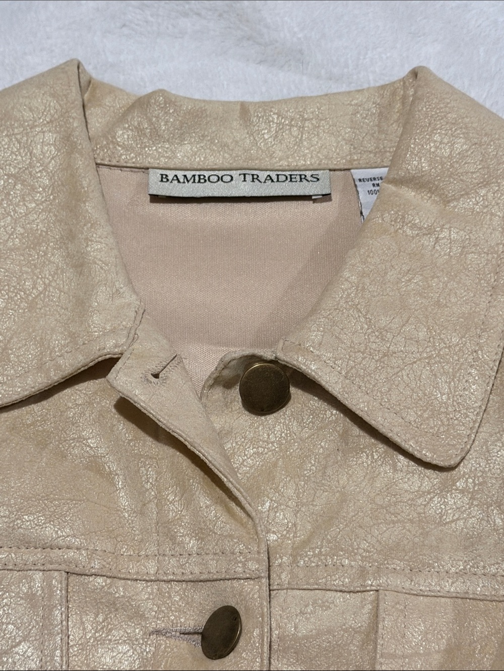 Bamboo Traders Beige Cream Faux-Leather Jean Jacket